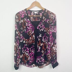 Diane Von Furstenberg Silk Multicolor Lane Print Chiffon Top Size 2